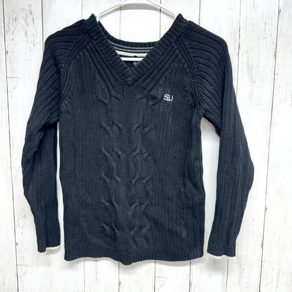 Sean John Top Women Size S(8) V-neck Cable Knit Sweater Cotton Black Embroidered